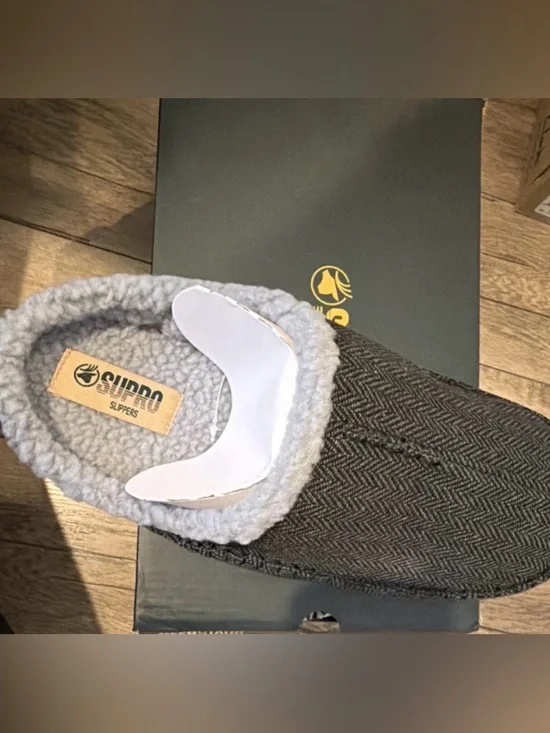 Men's Charcoal Herringbone Slip-On Mule with Plush Collar - Picture 2 of 4